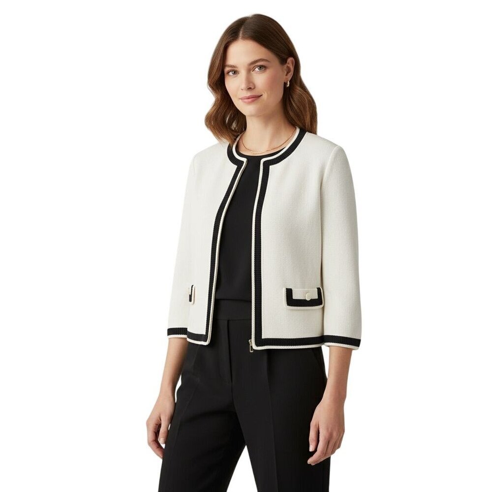 St. John Caviar Jacket Cream Black Santana Knit Full Zip 3/4 Sleeve Size 2